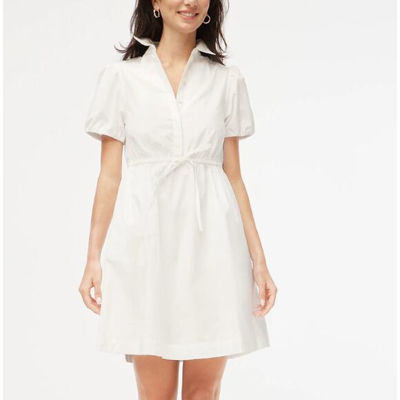 J. Crew White Collared Short-Sleeve Tie-Waist Dress Womens Size 12 Button Front - Picture 1 of 13